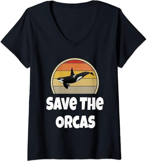 Womens Funny Orca Whale Shirt Ocean Sea Gift Save The Orcas Retro V-Neck T-Shirt