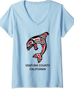 Womens Ventura County California Native American Indian Orca Killer V-Neck T-Shirt