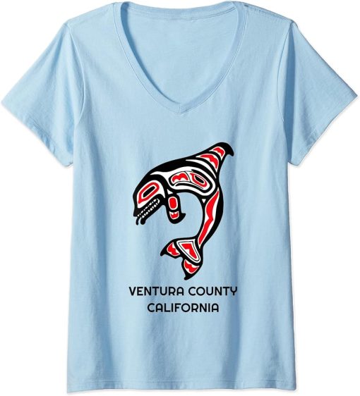 Womens Ventura County California Native American Indian Orca Killer V-Neck T-Shirt